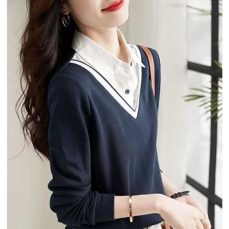 2022 Autumn Fashion Two Fake Pieces Patchwork Shirt Women Interior Lapping New Long Sleeve Polo Collar Office Button Lady Top