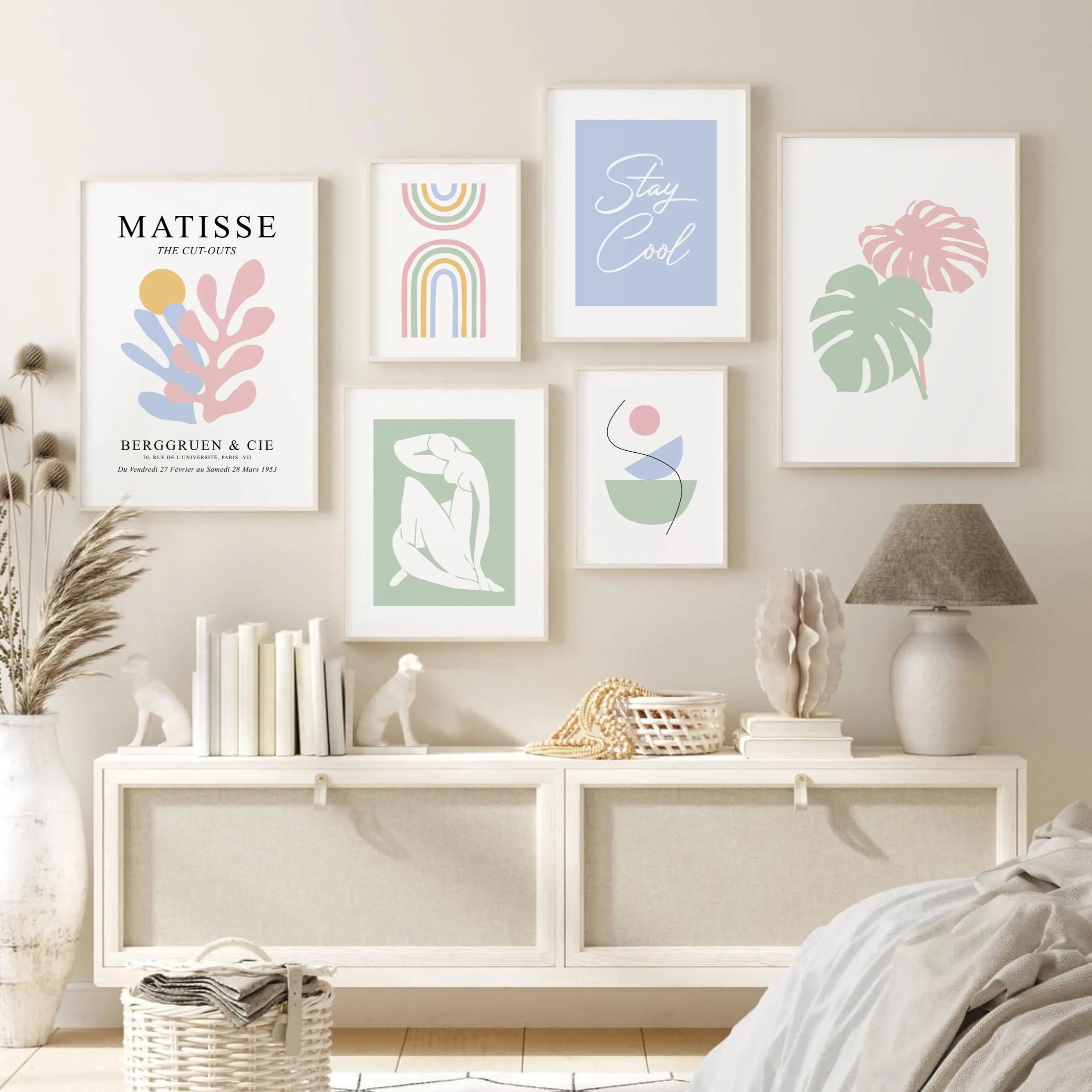 

Matisse Abstract Nude Woman Line Rainbow Coral monstera Leaf Wall Art Print Canvas Painting Poster Modern Living Room Home Decor