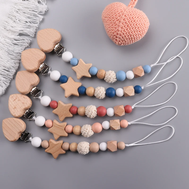 Baby Wood Crochet Round Bead Pacifier Chain Wooden Heart Dummy Holder Clip For Baby Teether Teething Chain Nursing Chew Toy Gift pacifier clip pacifier chain pacifier accessories