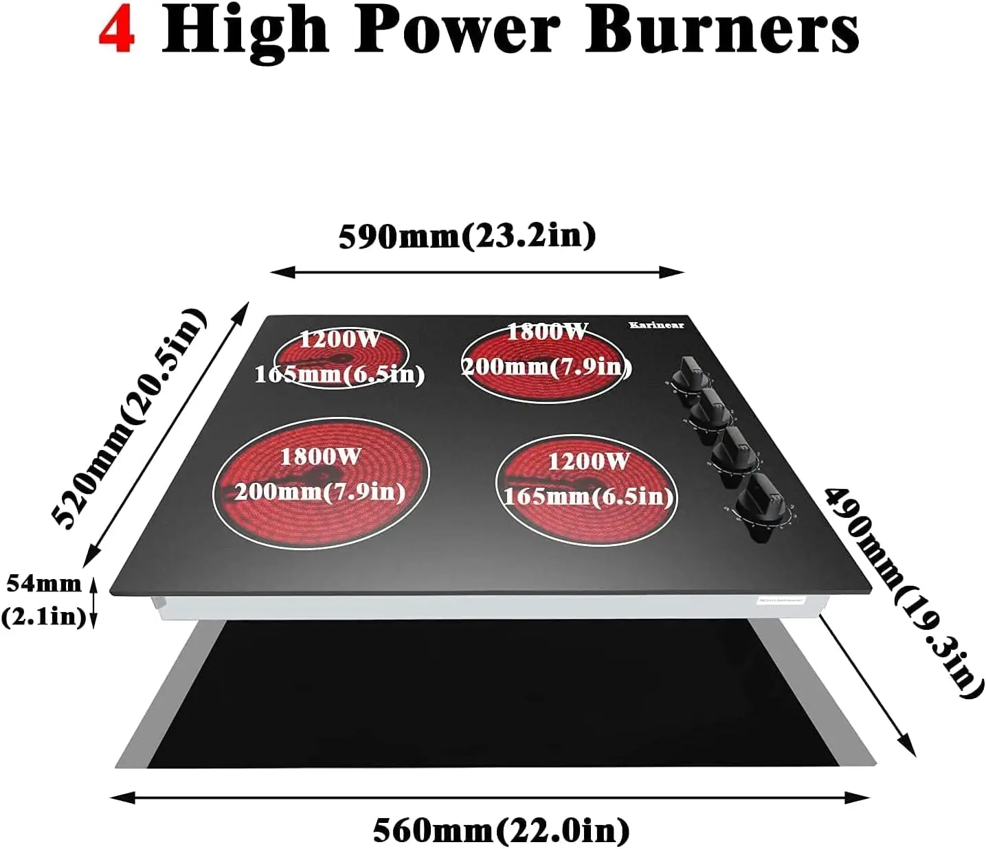 4 Burners Electric Cooktop 24 Inch Built-in 220-240v 6000W Knob Control Residual Heat Indicator