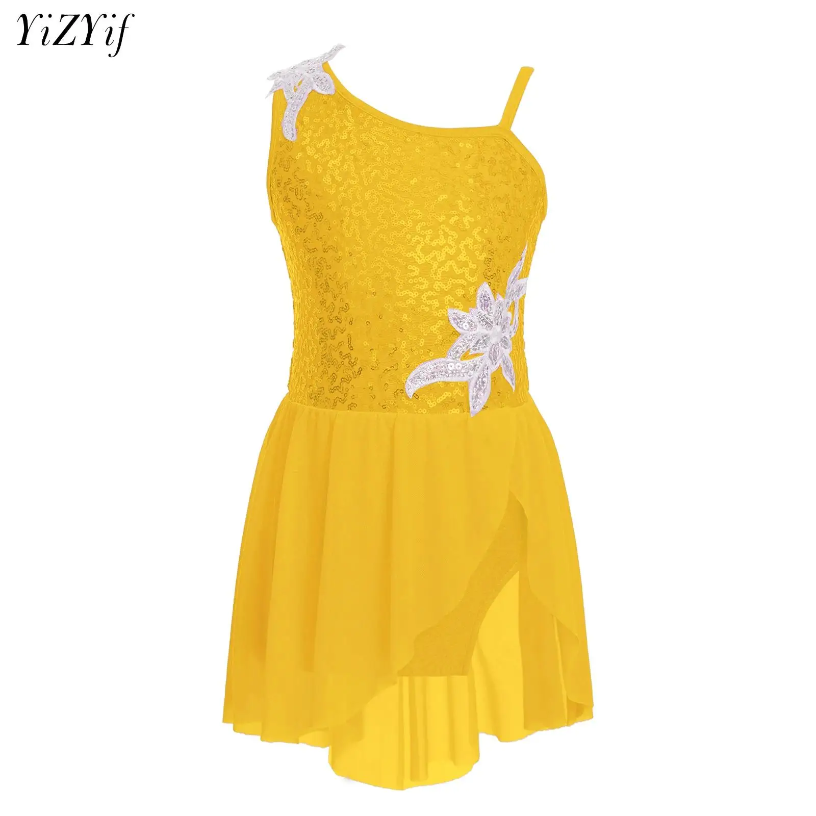 

Kids Girls Figure Ice Skating Dress Sequins Mesh Splice Sleeveless Tank Ballet Dance Dress Competition Leotard Gymnastic Costume