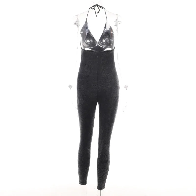 Sexy Halter Lace Up Backless Bodycon Jumpsuits Women Sleeveless Cut Out Straight Pants One Piece Rompers 2023 Summer Overalls
