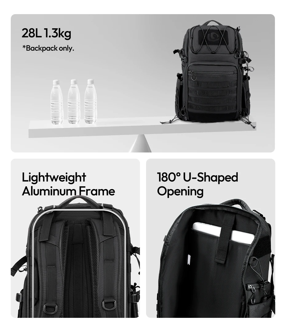 Tactical Camera Backpack 28L with Side Pockets Dividers U-Shaped Opening Foldabl