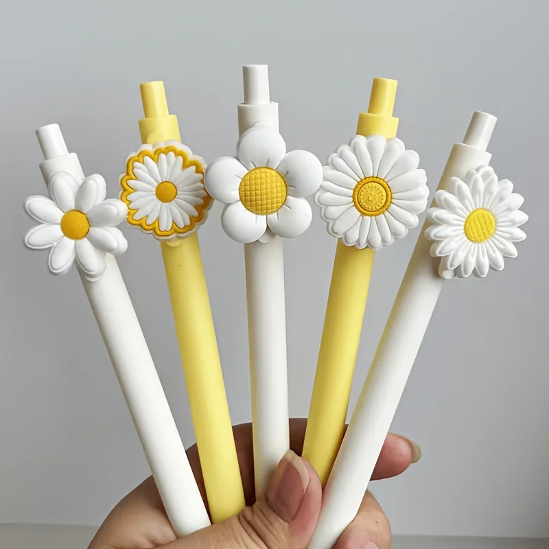 5 penne a sfera a tema girasole bianco, stagione di ritorno a scuola, adatte per la scuola, l'ufficio, inchiostro nero, scrittura fluida. - immagine 6