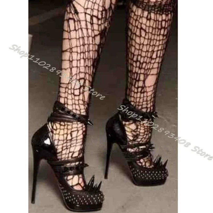 

Black Crystal Rivet Decor Pumps Platform Solid Thin High Heels Shoes Autumn New Fashion Party Dress Pumps Zapatos Para Mujere