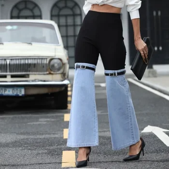 Women’s Knit Elastic Waist Patchwork Denim Wide-Leg Pants – High Waist Casual Slim-Fit Long Trousers, Fashion Commuter Streetwear Palazzo Jeans