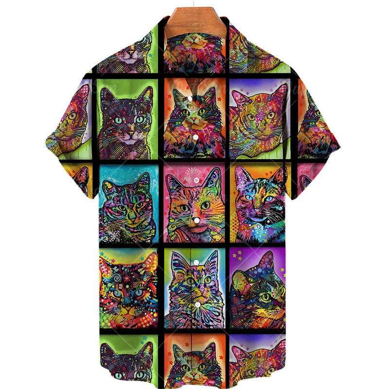 thumbnail image 1 of Camisa hawaiana con estampado 3D completo de gato para hombre, camisetas casuales de manga corta con botones para verano, camisas para hombre, 1 of 5