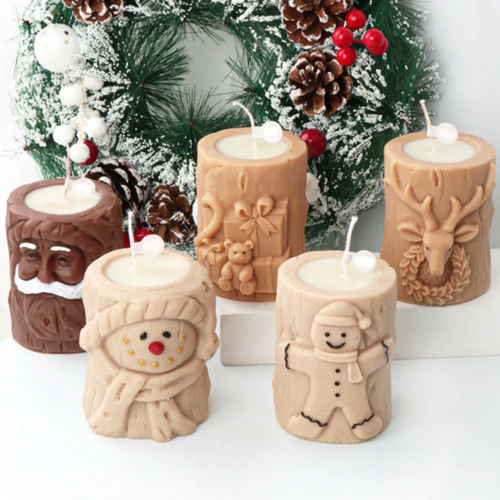 Bearded Santa Claus Deer Stump Silicone Candle Mold Gingerbread Snowman Cylinder Plaster Candlestick Making Gift Christmas Decor