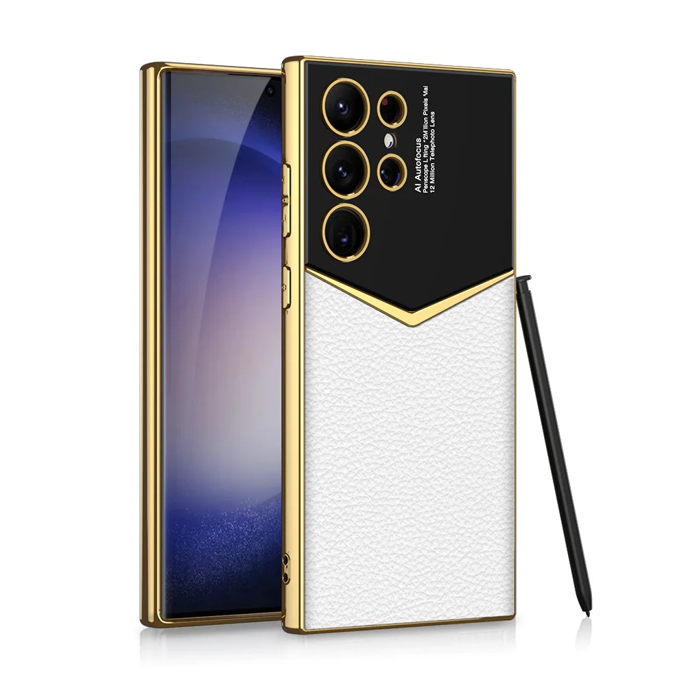 Luxury Leather Gold Electroplated Frame Phone Case with Soft Edges