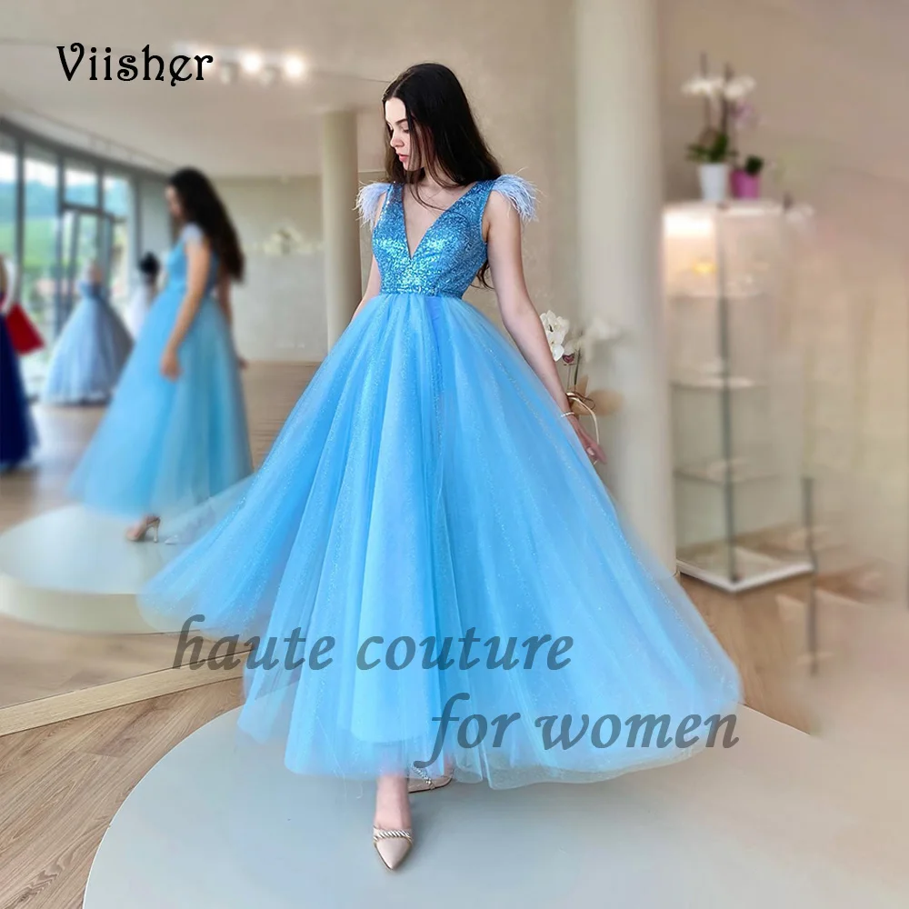 

Viisher Blue Tulle Fariy Prom Dresses Feather Straps Sequins V Neck A Line Sparkly Evening Party Dress Ankle Length