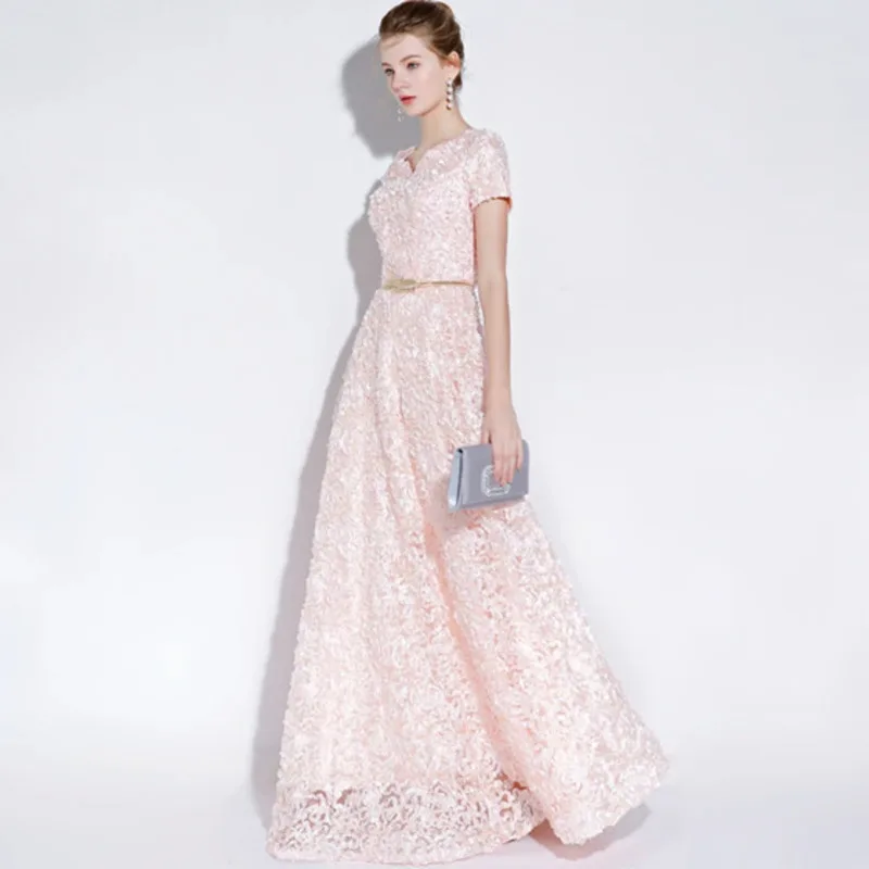 LANMU Banquet Elegant Evening Dress Simple Pink Lace Floor-length Formal Dresses With Belt Custom Party Gown Robe De Soiree