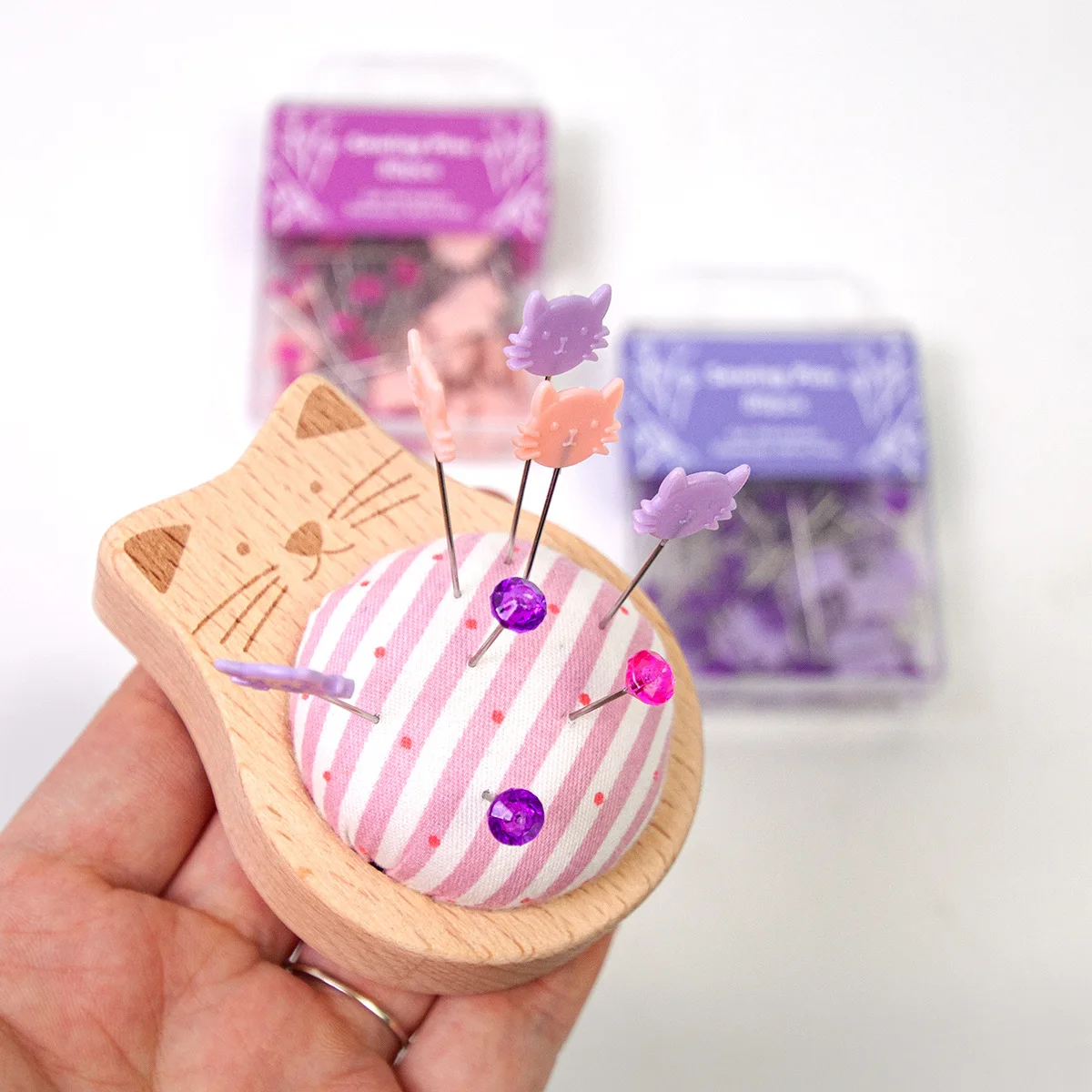 Striped Cat Pin Cushion with 80pcs Positioning Pins Storage Organizer Dressmaker Quilting Supplies for Crafts Making Sewing