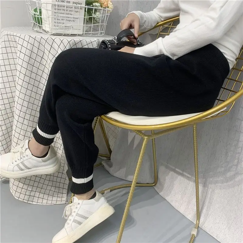 Autumn Winter High Waist Knitting Striped Harem Pants Solid Loose All-match Youth Wide Leg Pants Casual Fashion Women Clothing