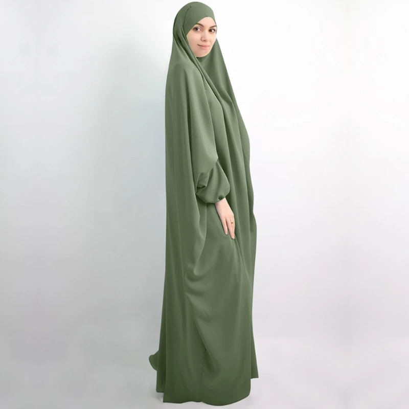 Women Muslim One-Piece Prayer Dress Full Cover Hooded Islamic Eid Jilbab Overhead Abaya Kaftan with Hijab Dubai Gown N7YE