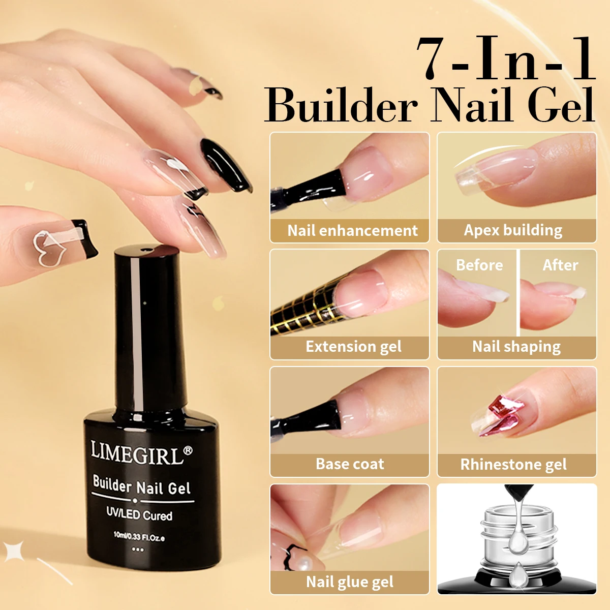 Limegirl 7-In-1 Gel Nail Kit 15Ml Semi-Permanent Gel 10Ml Top Base Coat Strengthening Shaping Gem Adhesion Base Prep Salon Diy