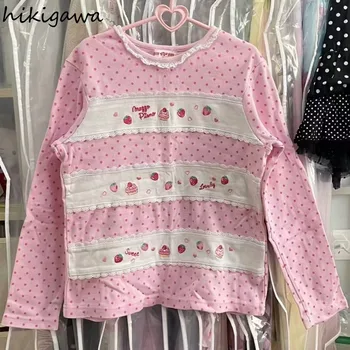 Crop Tops Sweet T Shirts for Women Ropa Mujer Long Sleeve Cartoon Polka Dot Tees Y2k Tshirts Casual Fashion Japanese T-shirts 1