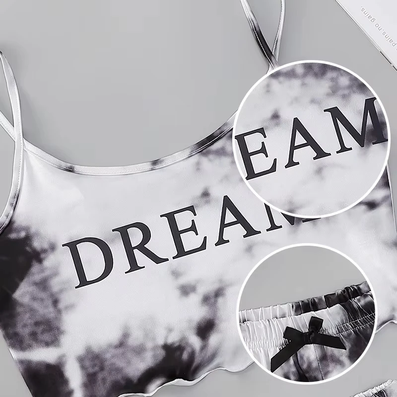 Y2K Tie Dye Dream Graphic Pajama Set Womens Cami Crop Top and Shorts Two Piece Sleepwear Loungewear Sexy Lettuce Trim New Hot
