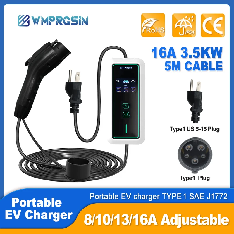 

Type 1 J1772 EV Charger 16A 3.5KW Type 1 Portable Charging Wallbox Tuya APP Control Timer Electric Vehicle Hrbrid PHEV Cable 5M