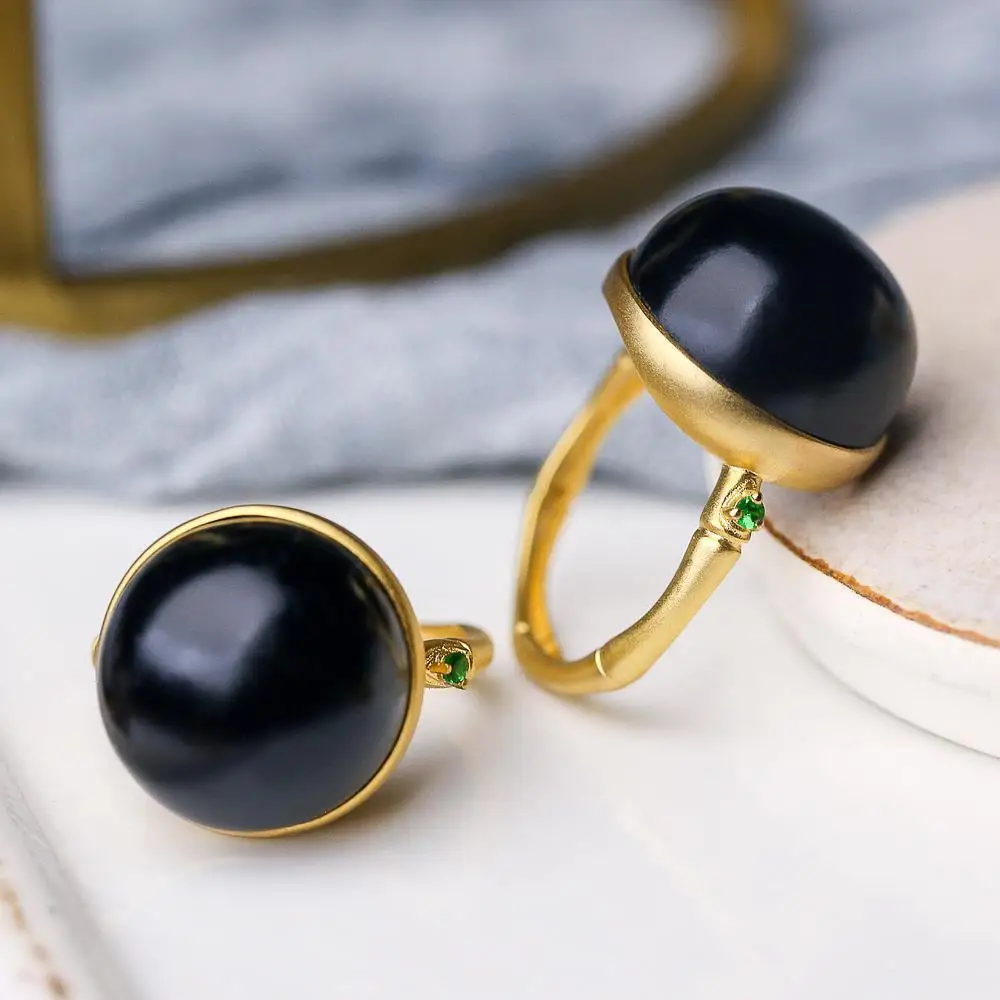 Silver Rings Silver Ring Jade Ring Natural Hetian black jade round bead opening adjustable ring Chinese retro elegant bamboo charm