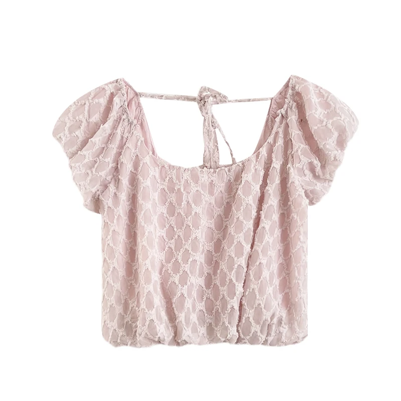

French style square neck lace up sweet slim summer solid color short top