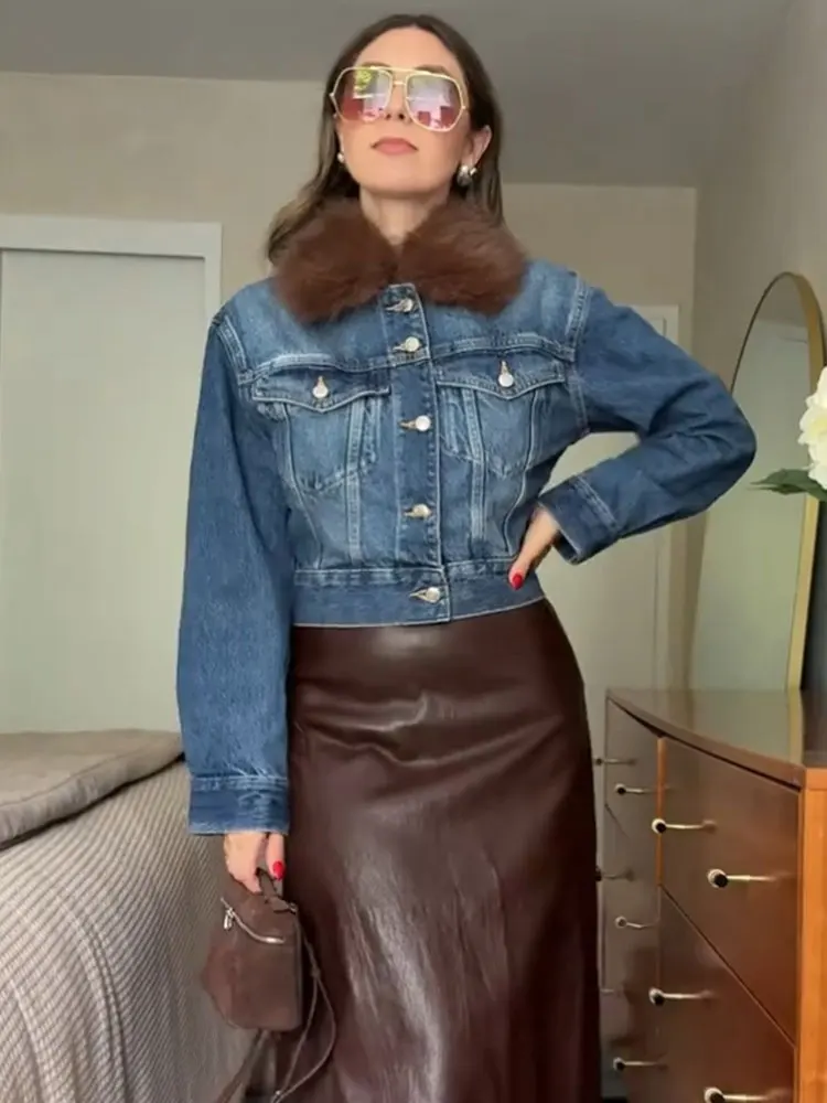 HH Women Fashion Faux Fur Collar Denim Jacket Coat Single Breasted Long Sleeve Jackets With Pockets High Street Lady Outerwear