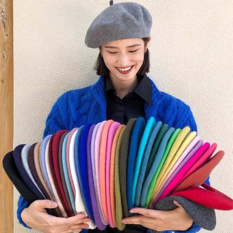 여성용 울 베레모 모자, 따뜻한 보온, 프랑스 아티스트 스타일, 비니 모자, 순수 색상, 빈티지 레트로, 우아한 레이디 베레모 모자, 겨울