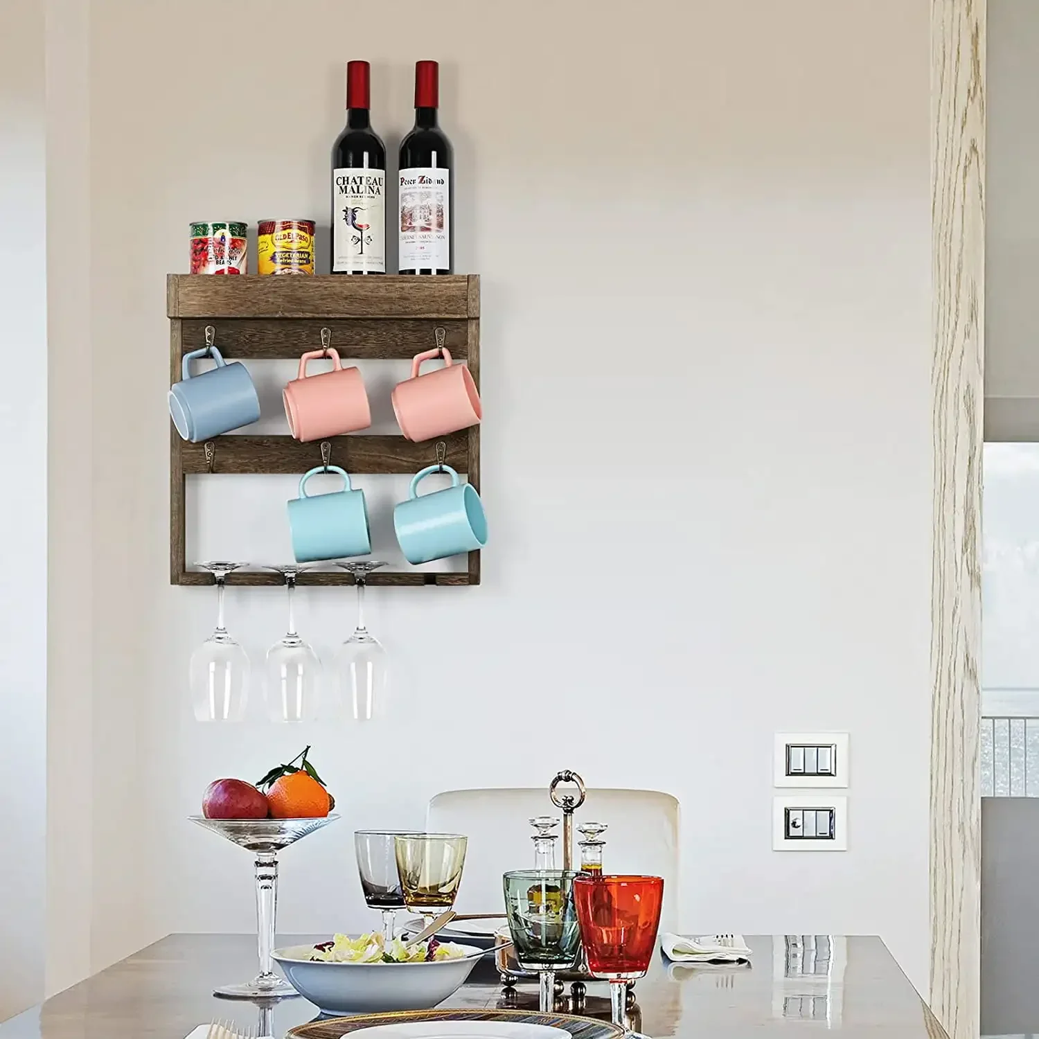 

g Wall Mounted Wine Glass and Coffee Mug Storage Rack Shelf with 6 Metal Hooks, Rustic Brown