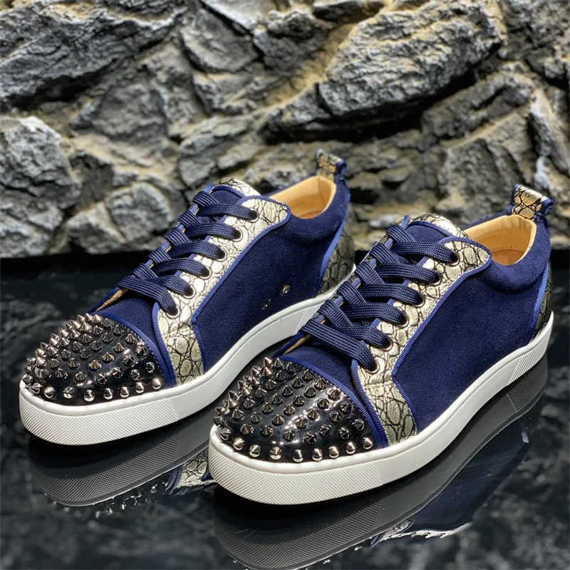 

Luxury Brand Blue Leather Shiny Edge Red Bottoms Rivet Low Top Shoes For Men's Casual Flats Loafers Women's Spikes Male Sneakers