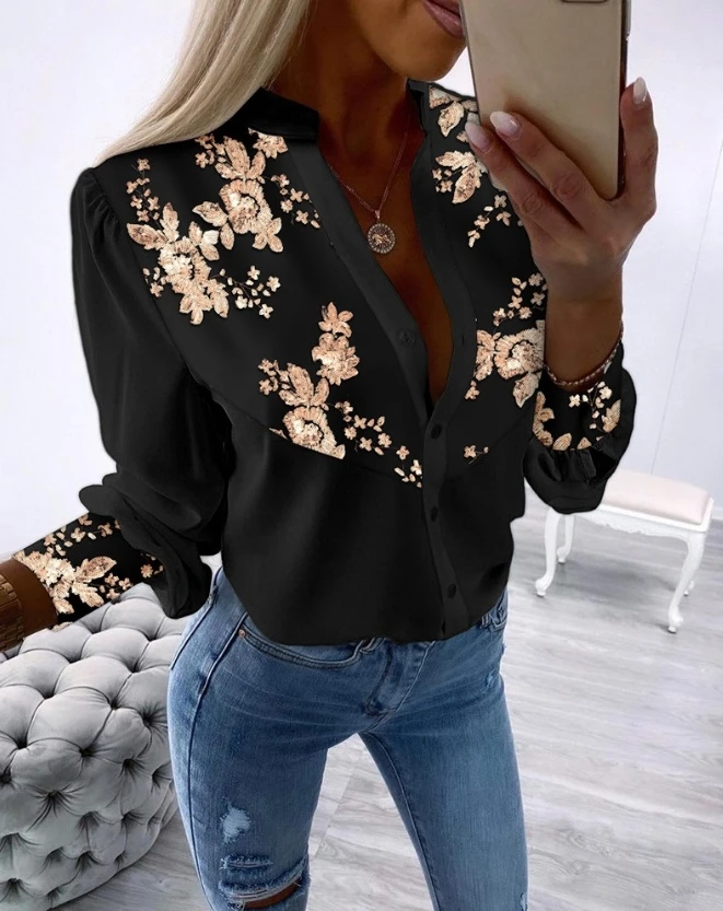 

Woman Blouse Spring Fashion Floral Sequin Buttoned Long Sleeve Casual Stand Collar Daily Shirt Top Woman Clothing