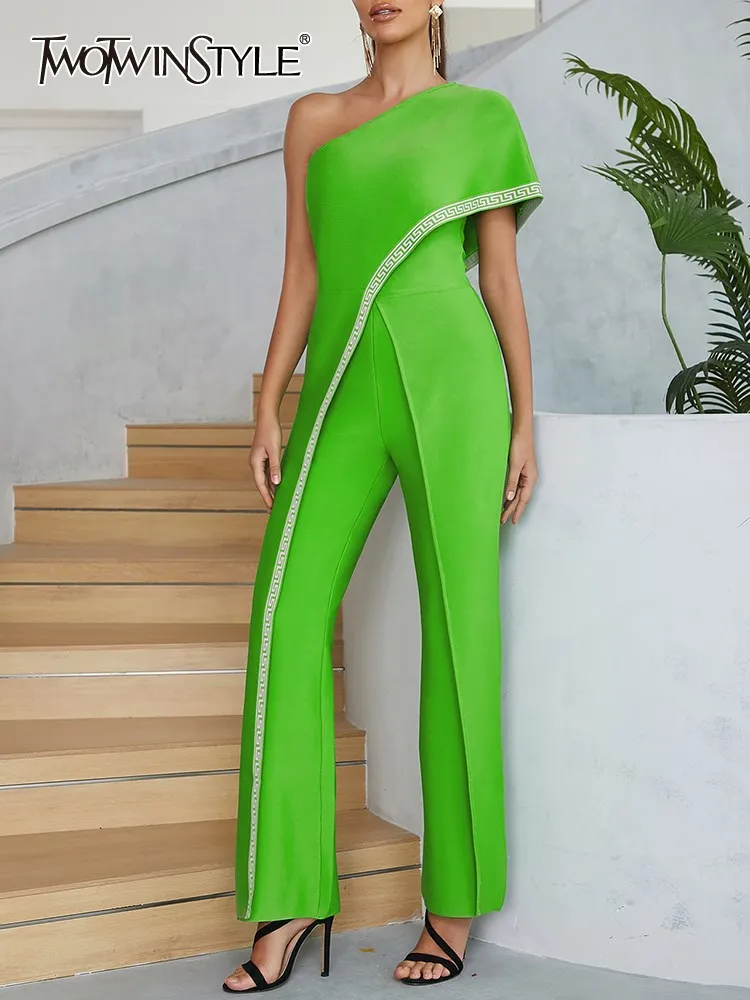 

TWOTWINSTYLE Vintage Print Jumpsuits For Women Diagonal Collar One Shoulder Short Sleeve High Waist Tunic Flare Jumpsuit Female