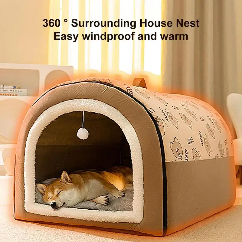 

Dog Cave 2 In 1 Detachable Covered Cat Bed With Ball Pendant Portable Cat Hideaway House Warm Washable Cozy Dog Beds For Pets