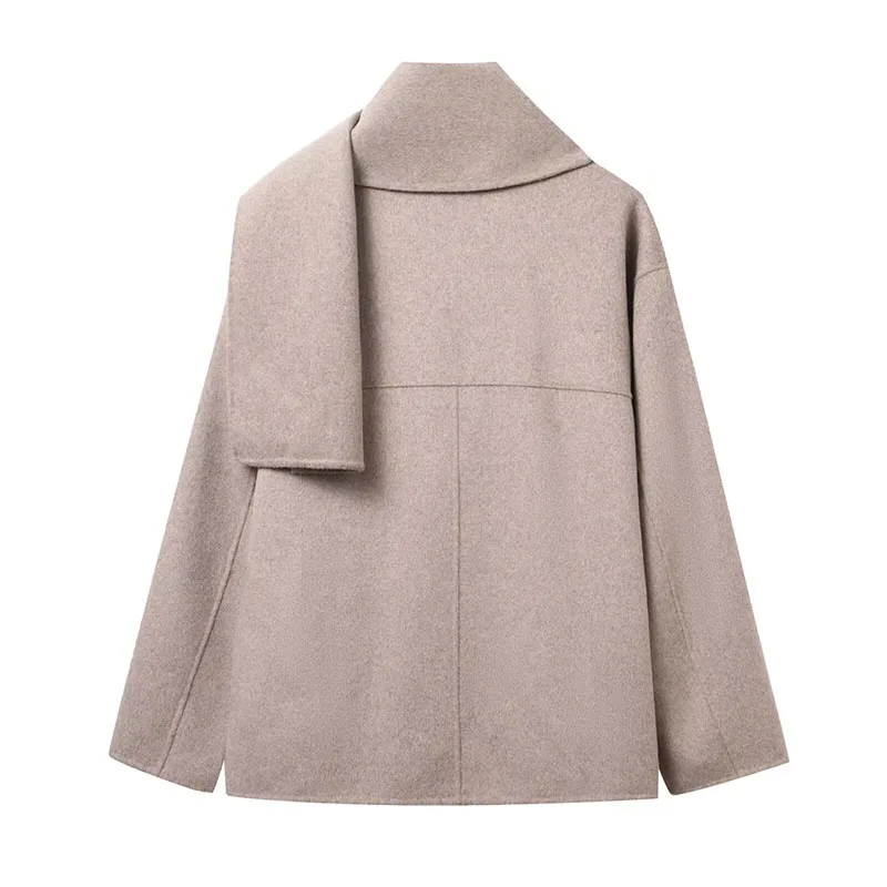 Women's Spring Winter Scarf Collar Jacket Warm Long Sleeve Blended Coat Loose Elegant New Outerwear Fashion High Street Coats ﻿