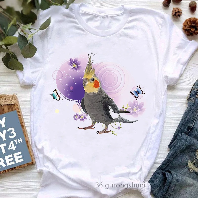 

Bird Butterfly Graphic Print T-Shirt Women Clothes 2024 Kawaii Cockatiel Parrot Tshirt Femme Harajuku Shirt Summer Fashion Top