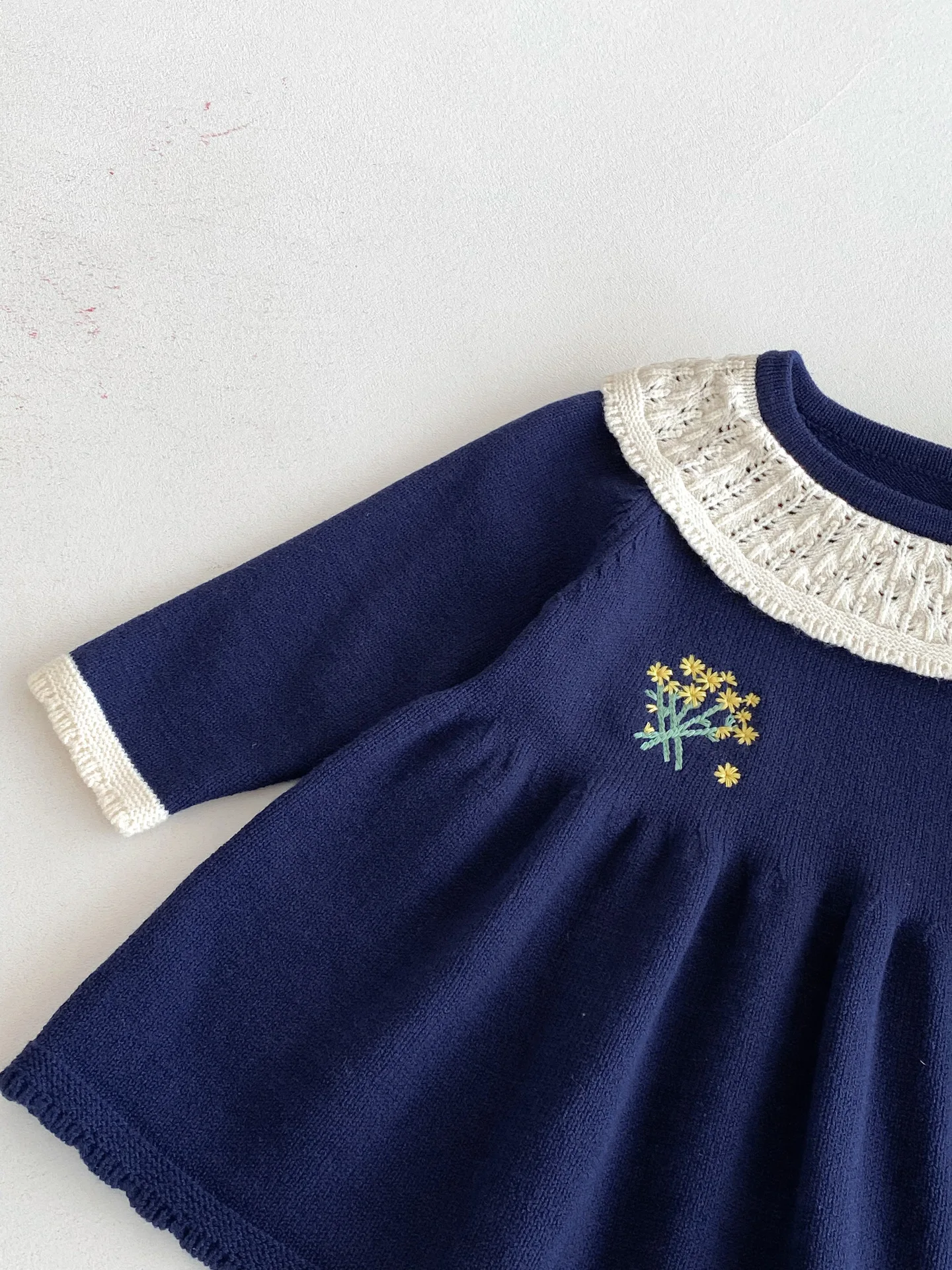 Navy Sweater Knit Dress for Kids with Ruffle Collar