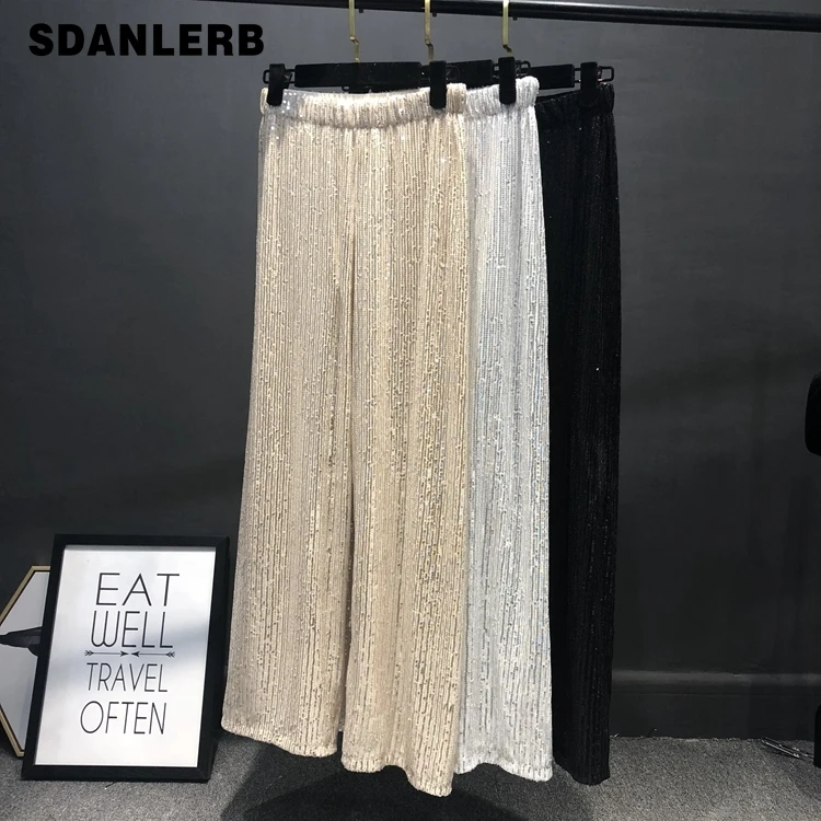 

New 2022 Sequined Wide-Leg Pants for Women High Waist Loose Trousers Drooping Oversize Solid Color Mop Straight Shiny Pants