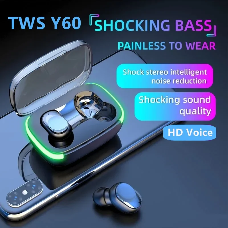 

Y60 TWS Wireless Headphones Fone Bluetooth Earphones 5.1 with LED Display Stereo Headset Touch Control Noise Reduction Earbuds