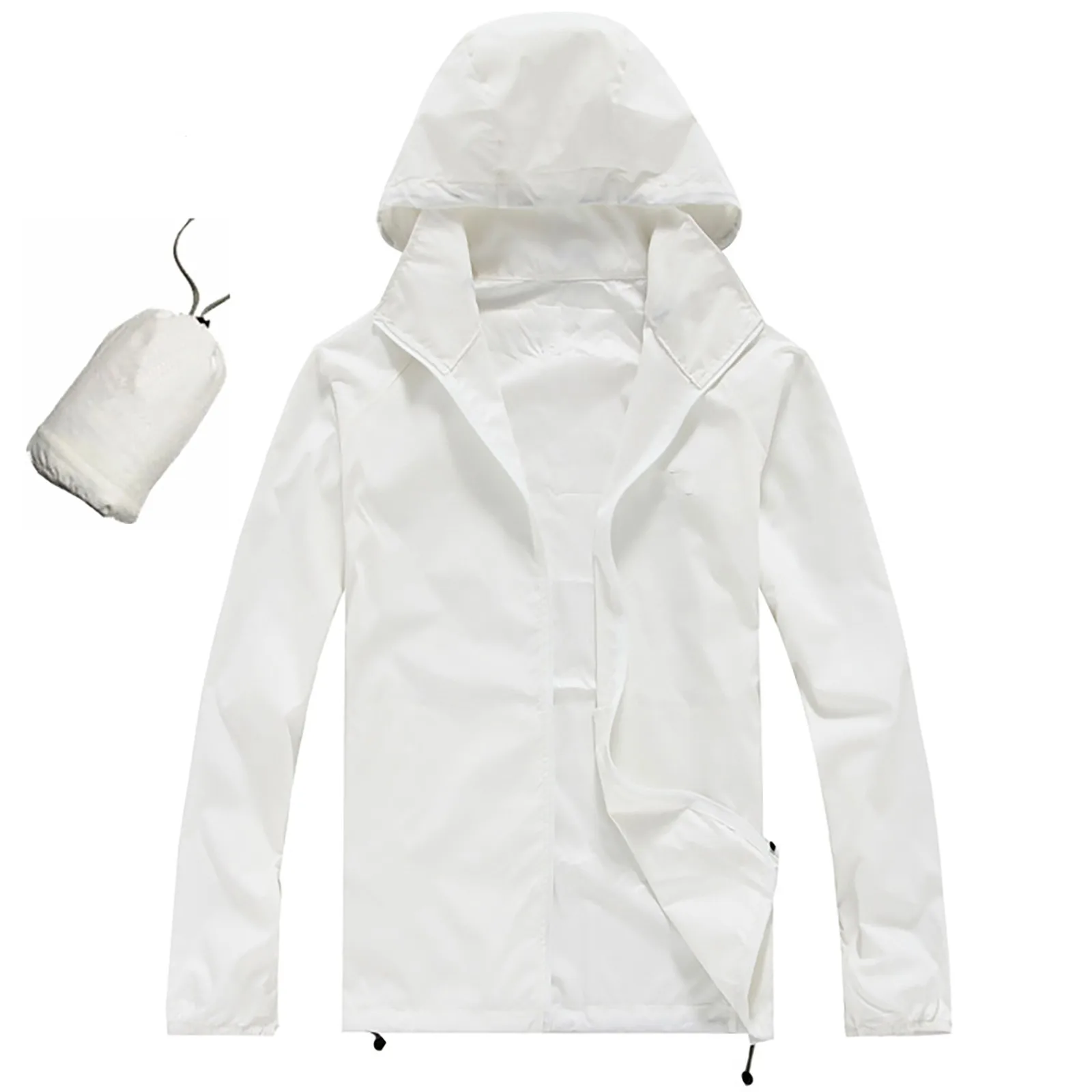 Fashionable solid-colored hooded waterproof windbreaker jacket for outdoor sports, climbing, and casual wear. white