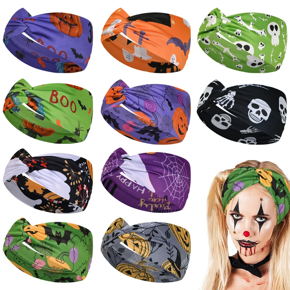 

Halloween Headband Women Dress Up Costume Elastic Sugar Skull Spider Web Twist Turban Bat Ghost Hairbands Skeleton Head Wraps