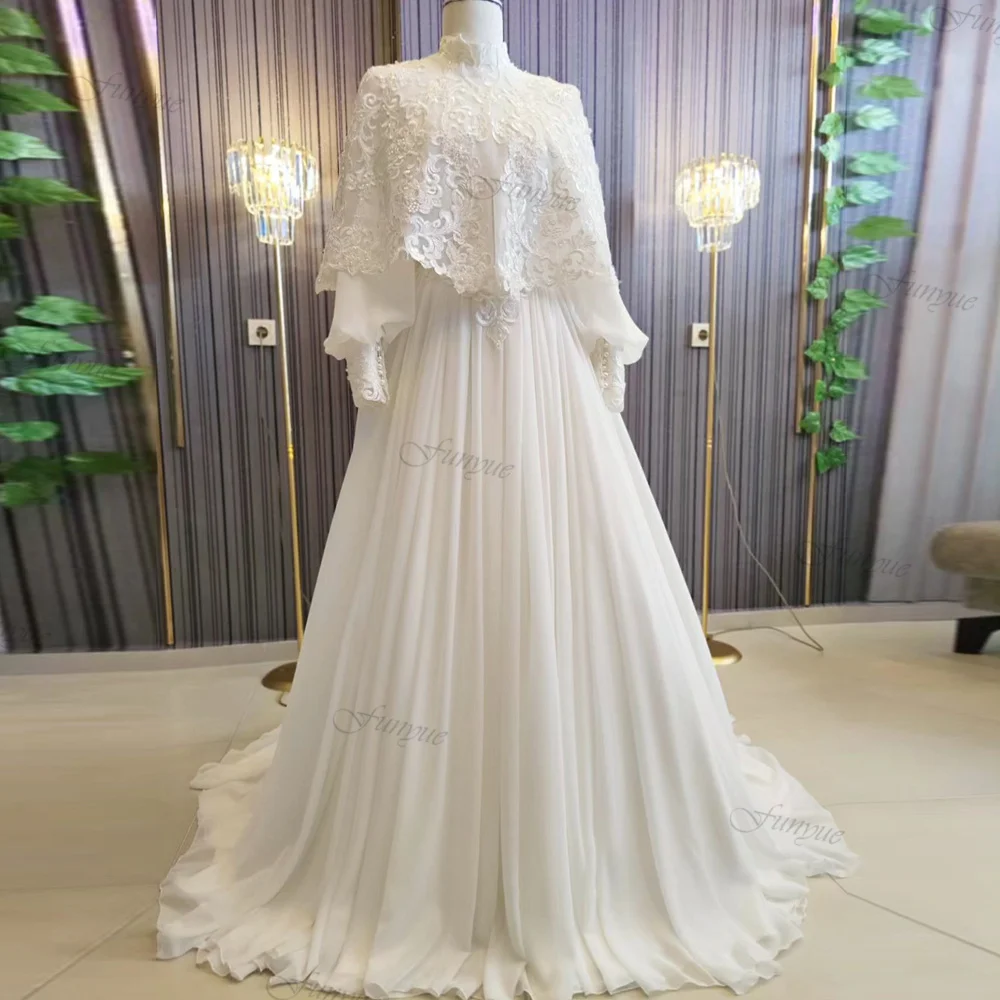 

Funyue Ivory Wedding Dress for Women 2023 Bride A-Line Chiffon Pleated Robe De Mariée Princesse France Lace Muslim Bridal Gowns