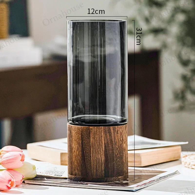 Modern Simple and Creative Glass Water-grown Flowers Wooden Base Vase Decoration Living Room Dining Table Flower Arrangement 4