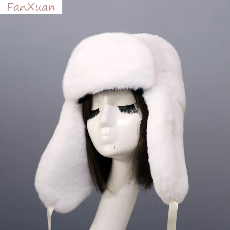 

Russian Bomber Hat Women Winter Hats with Earmuffs Trapper Earflap Cap Women Thick Faux Rabbit Fur Ushanka Cap