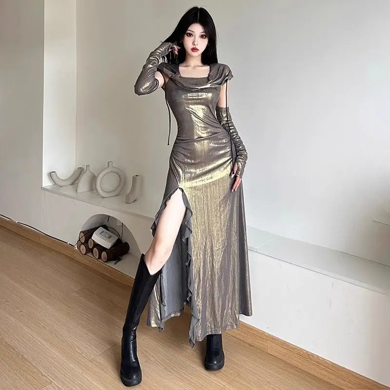 

Street Trendy Sexy Dress Sweet Cool Hot Girl Dress Mermaid Concubine Hooded Dress Women Ruffle Edge High Waist Split Long Dress