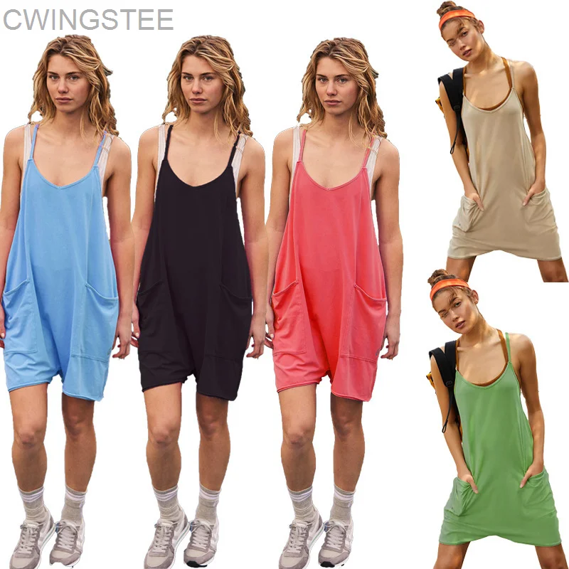 

2023 Summer Black Short Jumpsuit Women Overalls Romper Women Playsuit Pocket Loose Overalls For Women