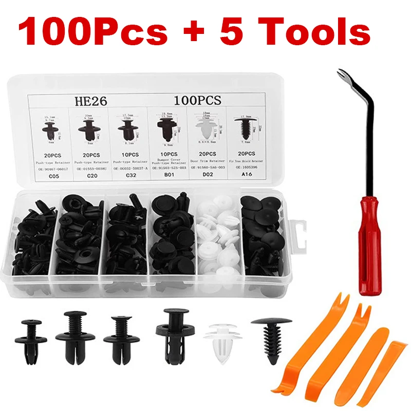 HE26 Auto Befestigungs Clips Befestigung Pins Nylon Niet Kits Stoßstange  Tür Panels Innen Entfernung Zubehör Werkzeug Reparatur Box Kunststoff -  AliExpress