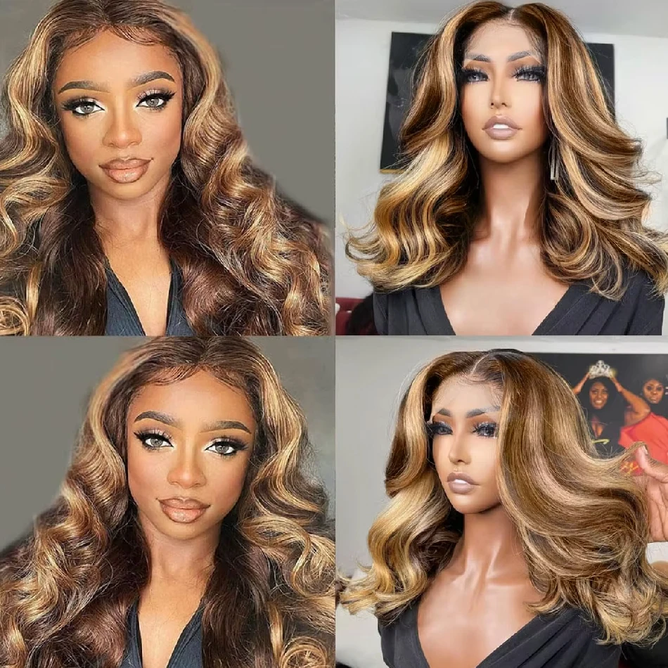 Honey Blonde Bob Wig Human Hair 14 Inch 13x4 Body Wave 4/27 Highlight Ombre HD Lace Front Wigs Human Hair Pre Plucked Glueless Lace Frontal Bob Wigs for Women Colored Wig 7