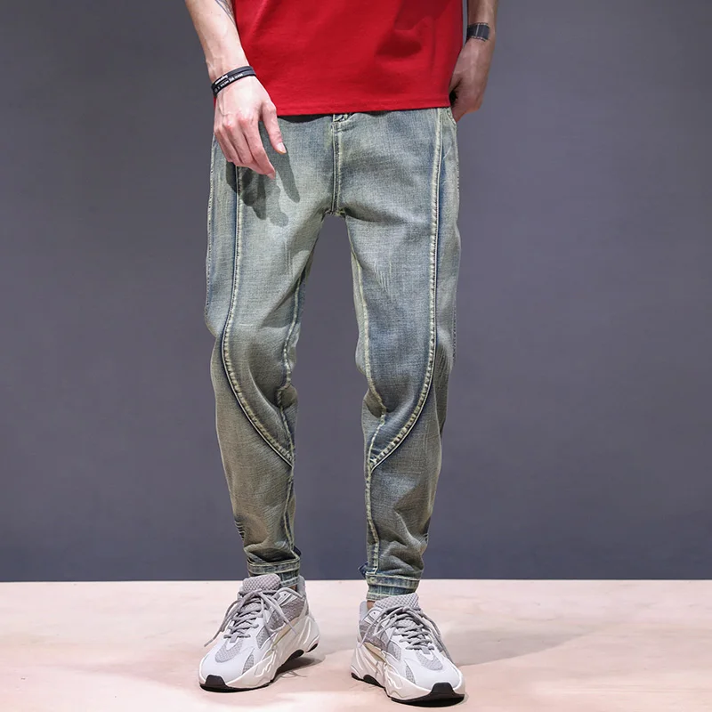 

Mens Jeans 2022 New Arrivals Retro Blue Elastic Waist Drawstring Baggy Legs Jogger Jeans Man Casaul Denim Pants Streetwear