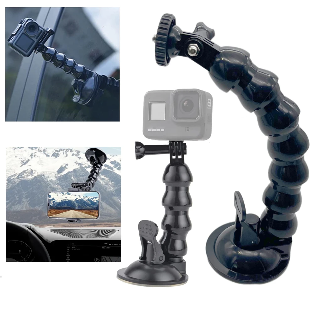 Versatile Windshield Suction Cup Mount with Flexible Clamp Arm for Cameras and Smartphones