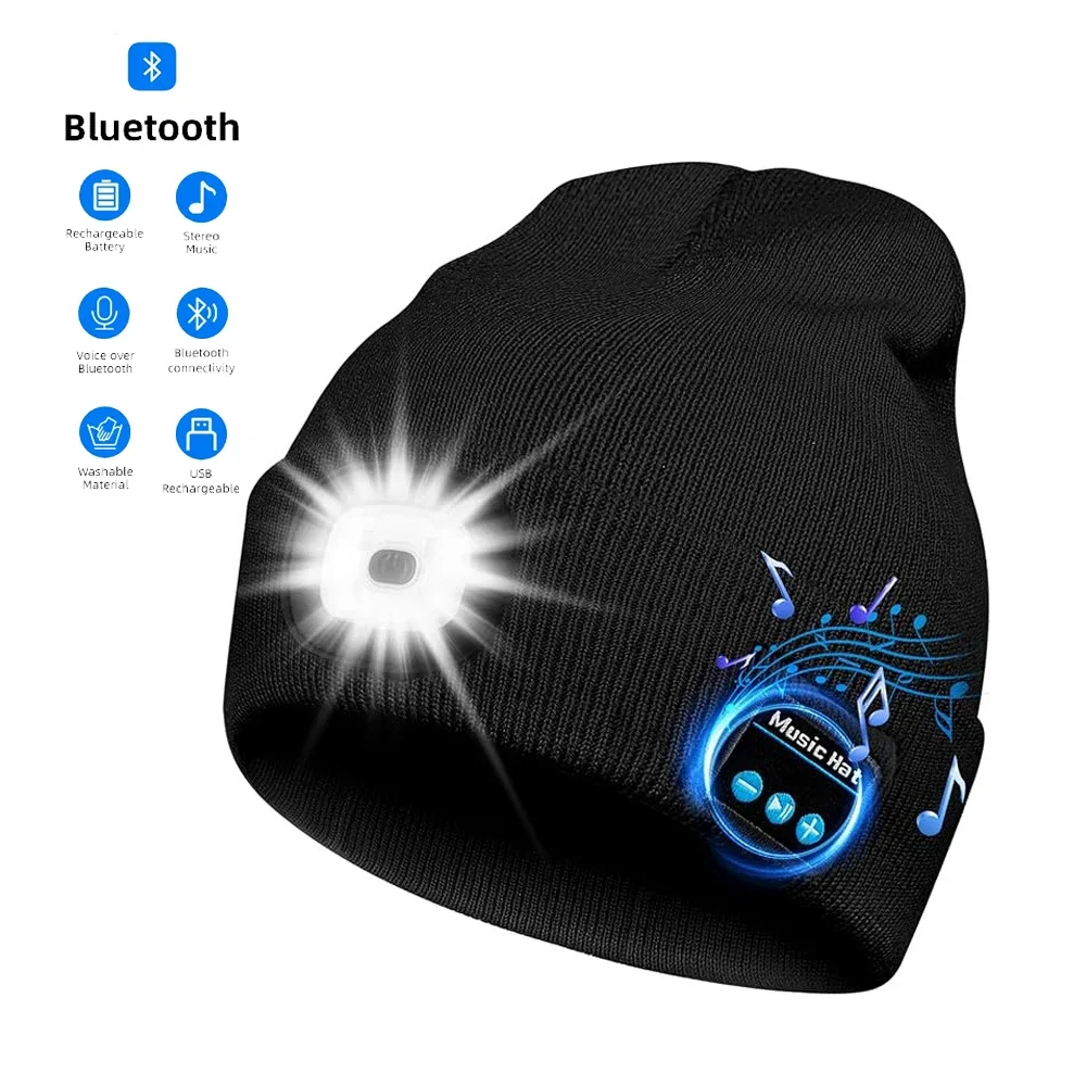 Wireless Bluetooth LED Beanie with Stereo Headset and Rechargeable Battery