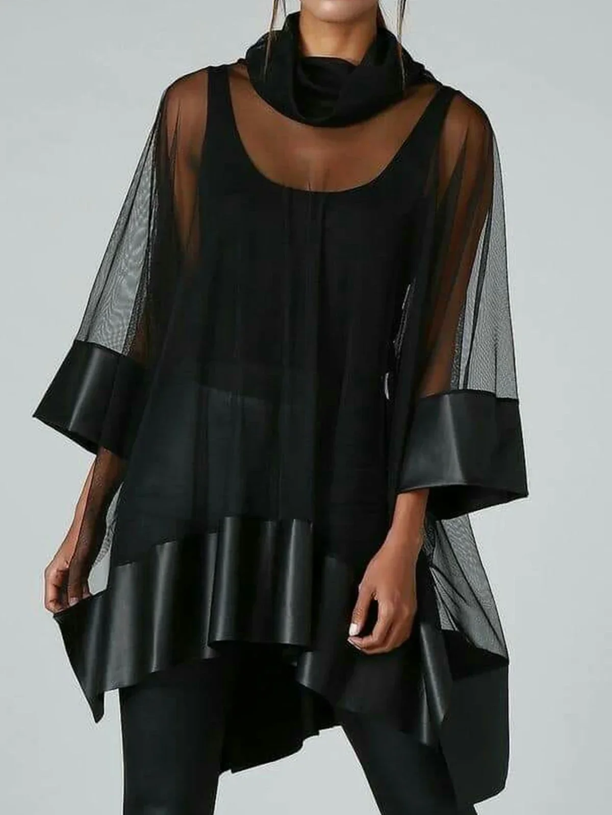 SeeThrough Mesh T shirt Three Quarter Turtleneck Casual Sexy Streetwear Vintage Tee Tops for Women Autumn Summer 2025 Tops