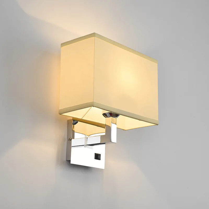 

Modern Elegant Fabric Wall Sconce With Switch Chrome And Beige Rectangle Fabric Shade E27 Socket Wall Lights For Bedroom Hotel